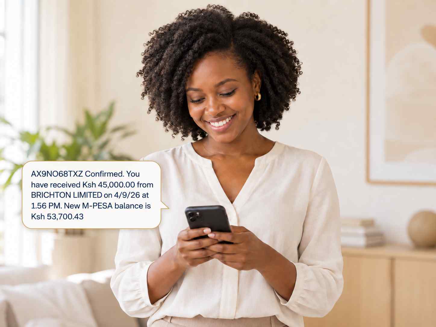 A smiling woman looking at her smartphone
